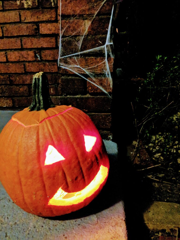 A carved pumpkin, with triangle eyes, a real fucked up mouth, light burning inside, and cobwebs