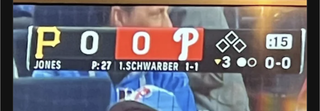 Score of a baseball game, Pirates 0, Phillies 0, but it spells Poop