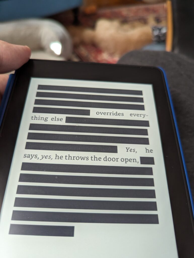 A page of the book There Is No Antimemetics Division with almost all the lines redacted. All you can read is "overrides everything else [redacted] yes, he says yes, and throws open the door"