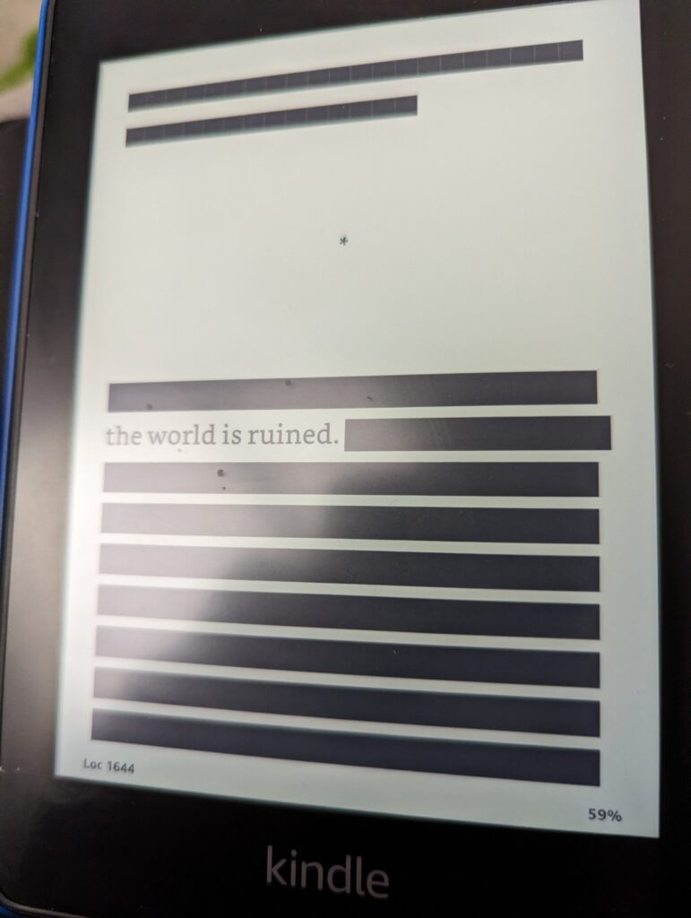 A page of the book There Is No Antimemetics Division with almost all the lines redacted All you can read is "the world is ruined"