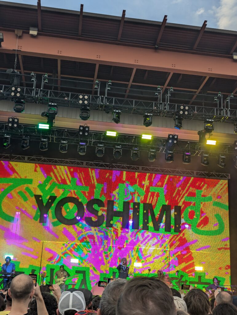 Stage at Flaming Lips concert behind them is glitchy yellow, red and pink graphic with big black text "YOSHIMI" 