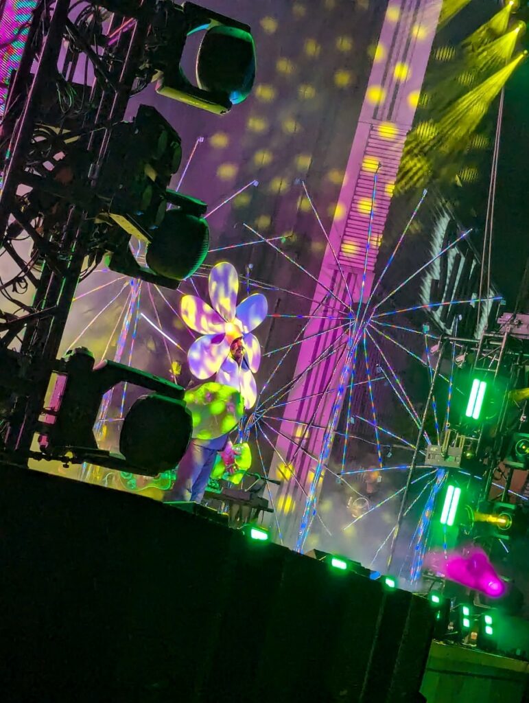 Wayne from the Flaming Lips on stage, dressed like a flower